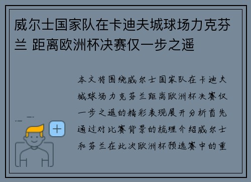 威尔士国家队在卡迪夫城球场力克芬兰 距离欧洲杯决赛仅一步之遥